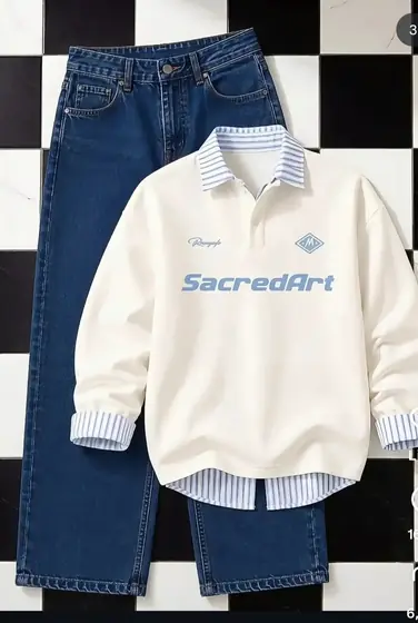 Cream Rugby Shirt & Jeans — men's wear at Panchayati Yaar Clothing, Bhopal