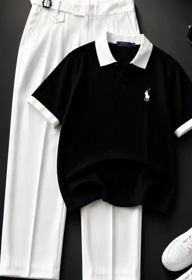 Black Polo & White Pants — men's wear at Panchayati Yaar Clothing, Bhopal